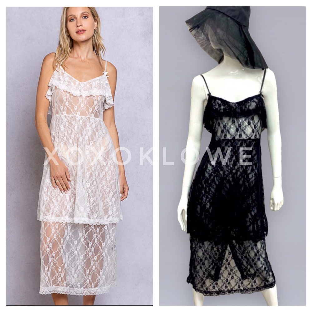 POL Sheer Lace Layering Slip Dress Spaghetti Straps Tiered Skirt